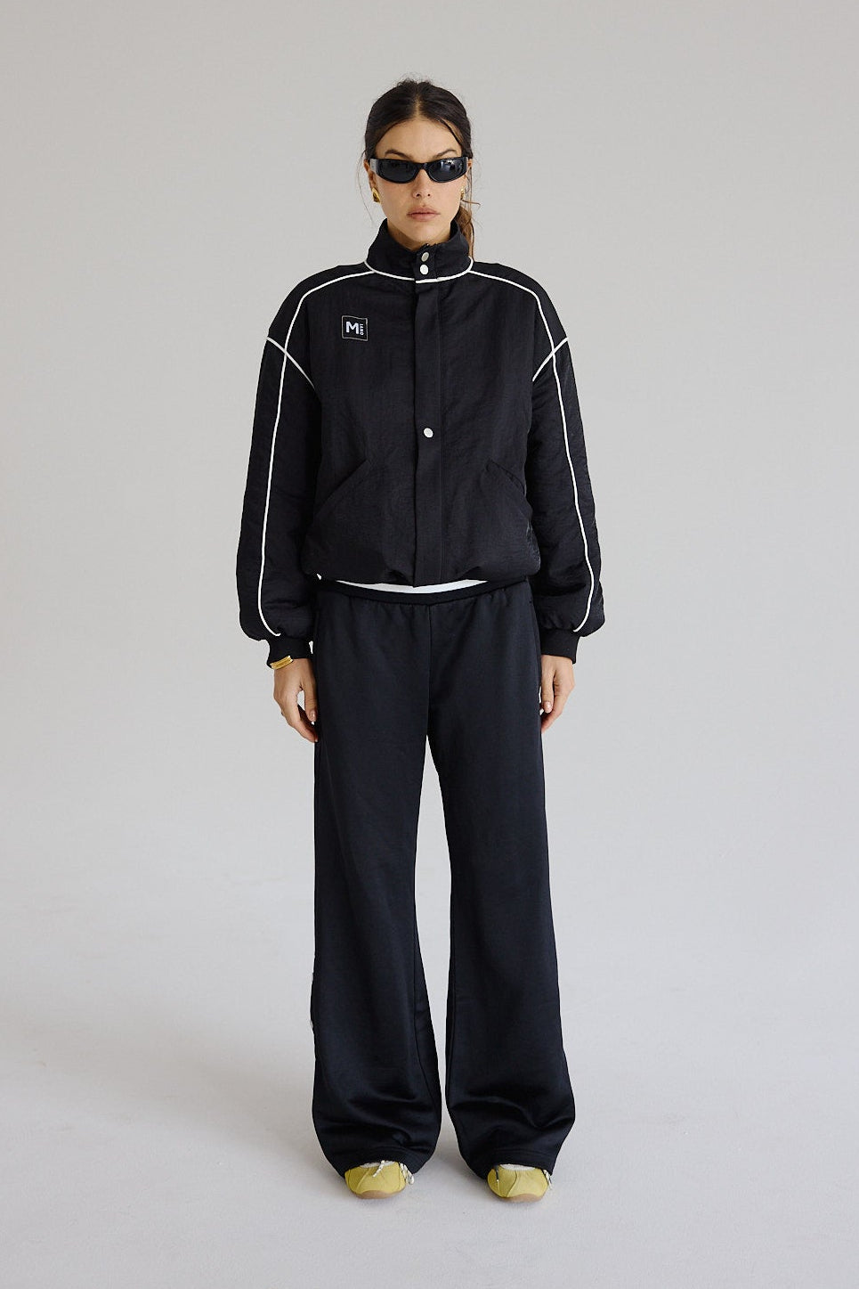 Women's black oversized jacket with white piping and wool lining – MIANO Wilson Jacket